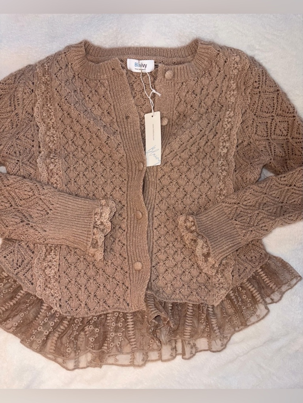 BLUIVY Tan Knit & Lace Cardigan sz M NWT - Picture 4 of 8